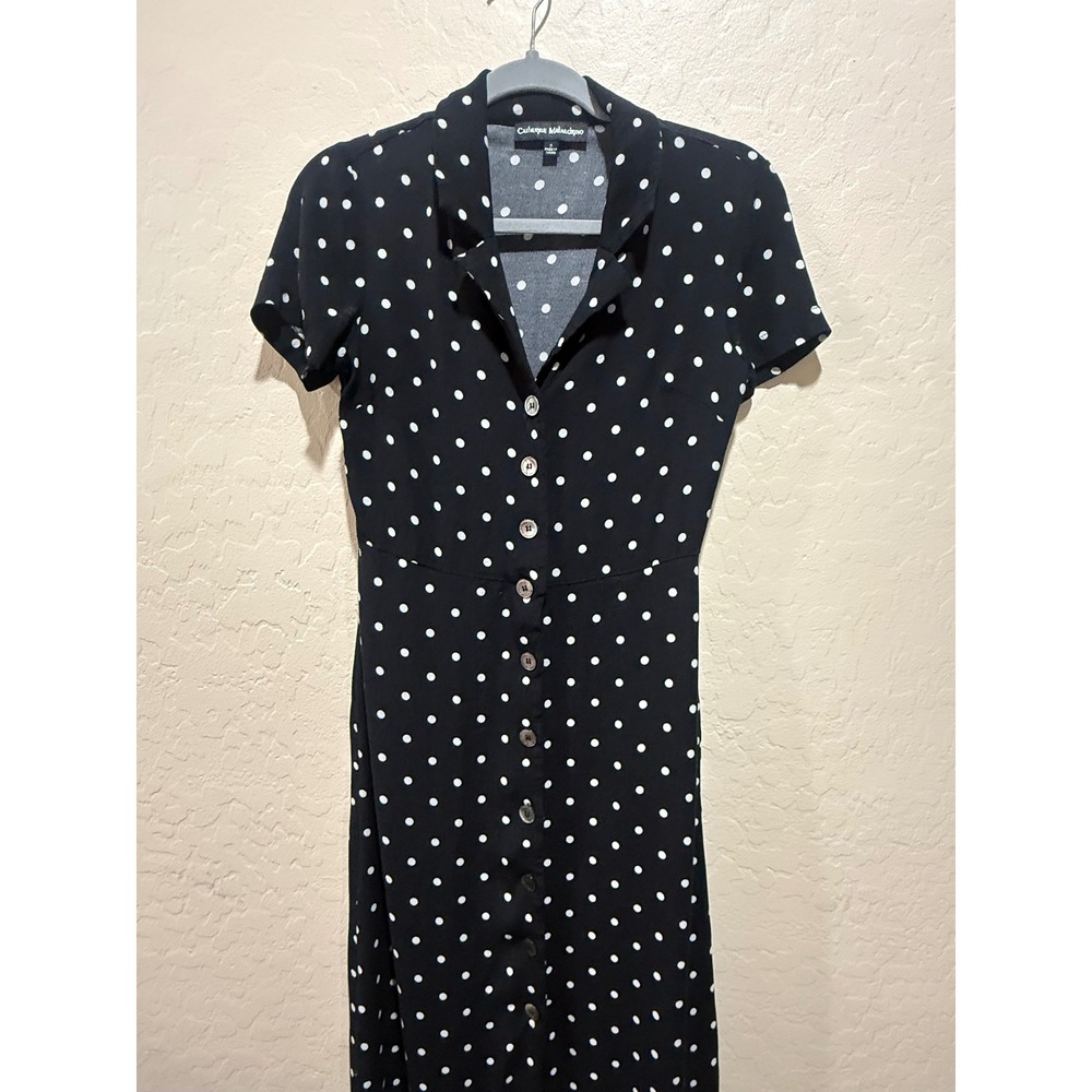 Catherine Malandrino Polka Dot Midi Shirt Dress Black White Button Front Retro 4